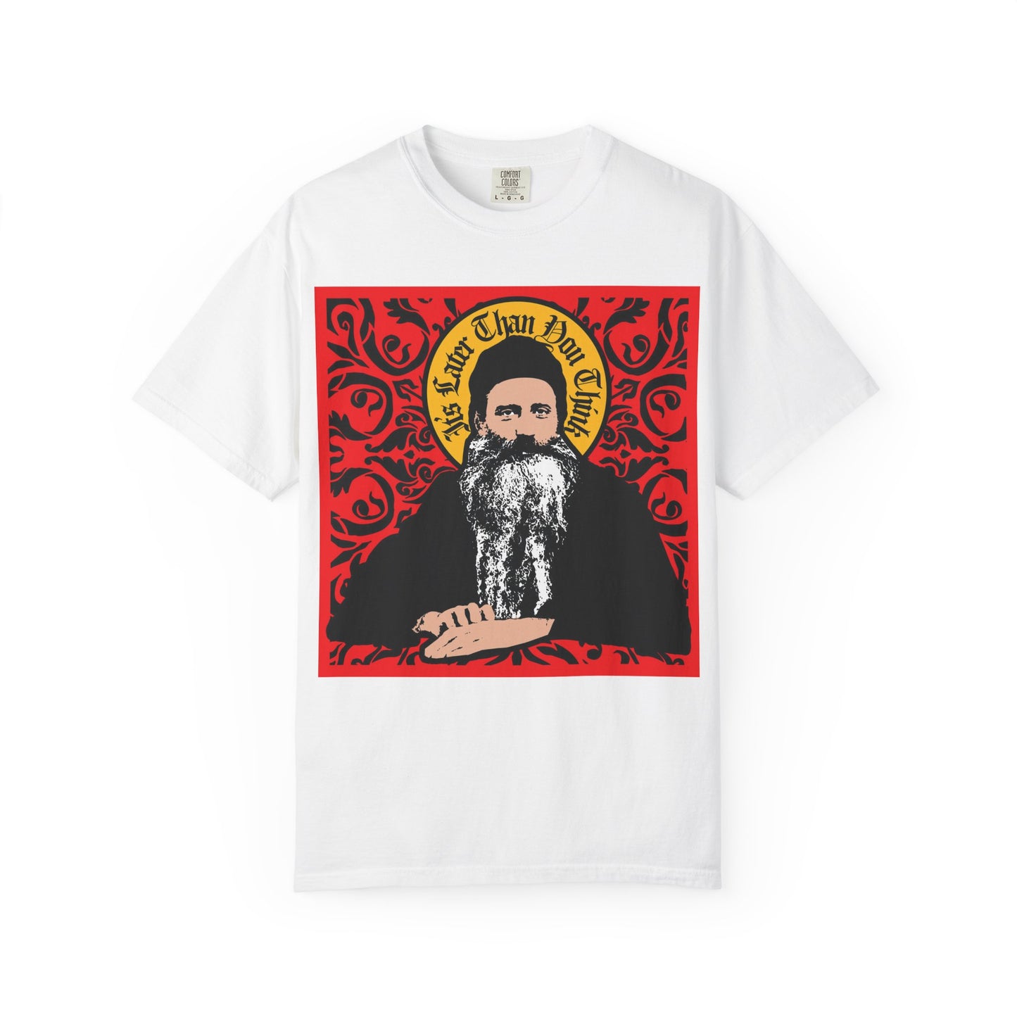 White heavyweight cotton unisex tee featuring a red ornate icono-graphic design and the phrase "It's Later Than You Think," inspired by Saint Seraphim Rose of Platina—meaningful apparel that resonates with Orthodox Christians.
