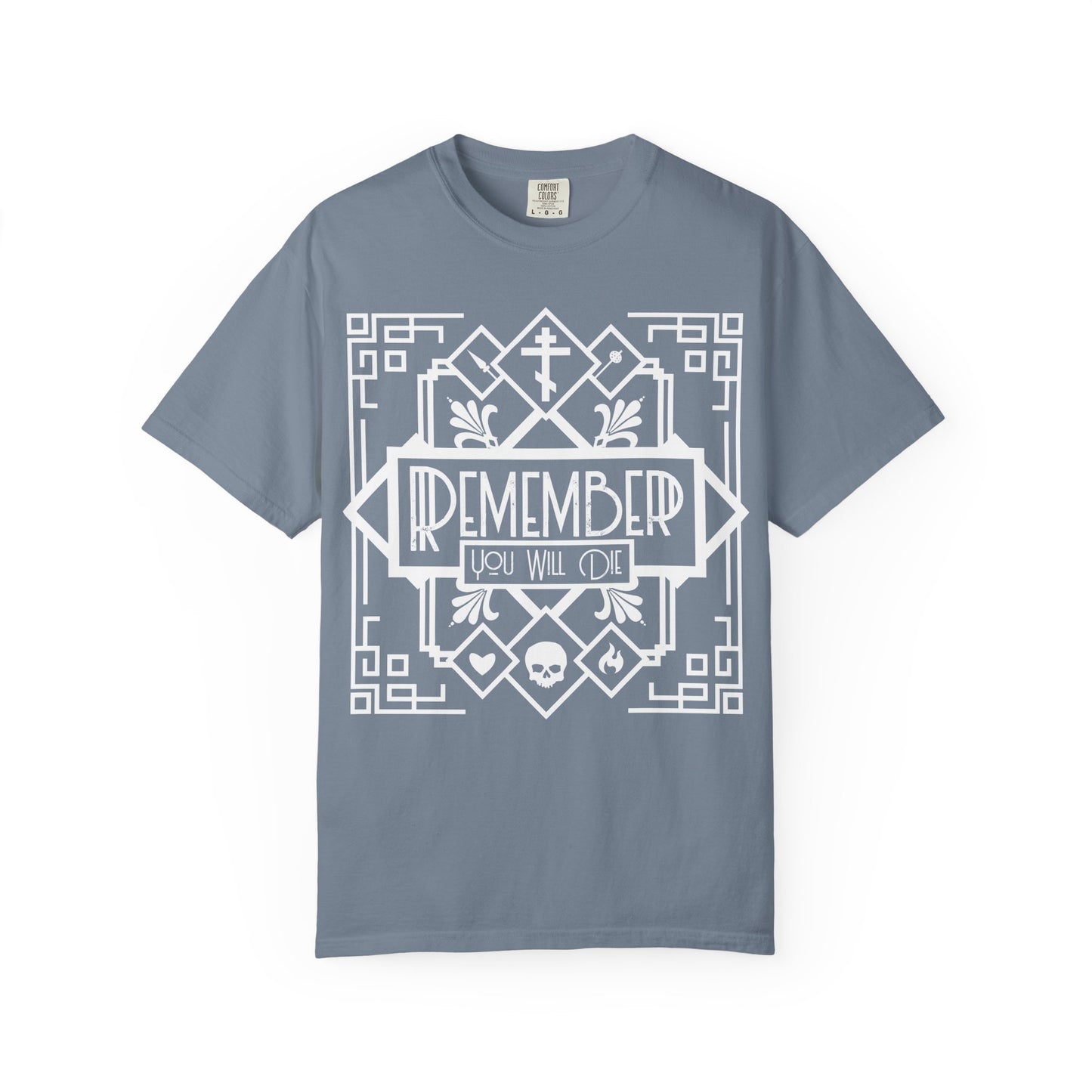 Remember You Will Die Art Deco Design | Black and White Line Art | Skull Heart Fire | Memento Mori | Heavyweight Cotton Unisex T-Shirt