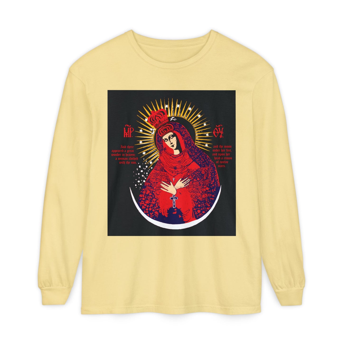 Butter long-sleeve cotton shirt featuring a red, blue, and gold icono-graphic of Our Lady the Gate of Dawn, Theotokos Crowned, Woman of the Apocalypse in Orthodox style.