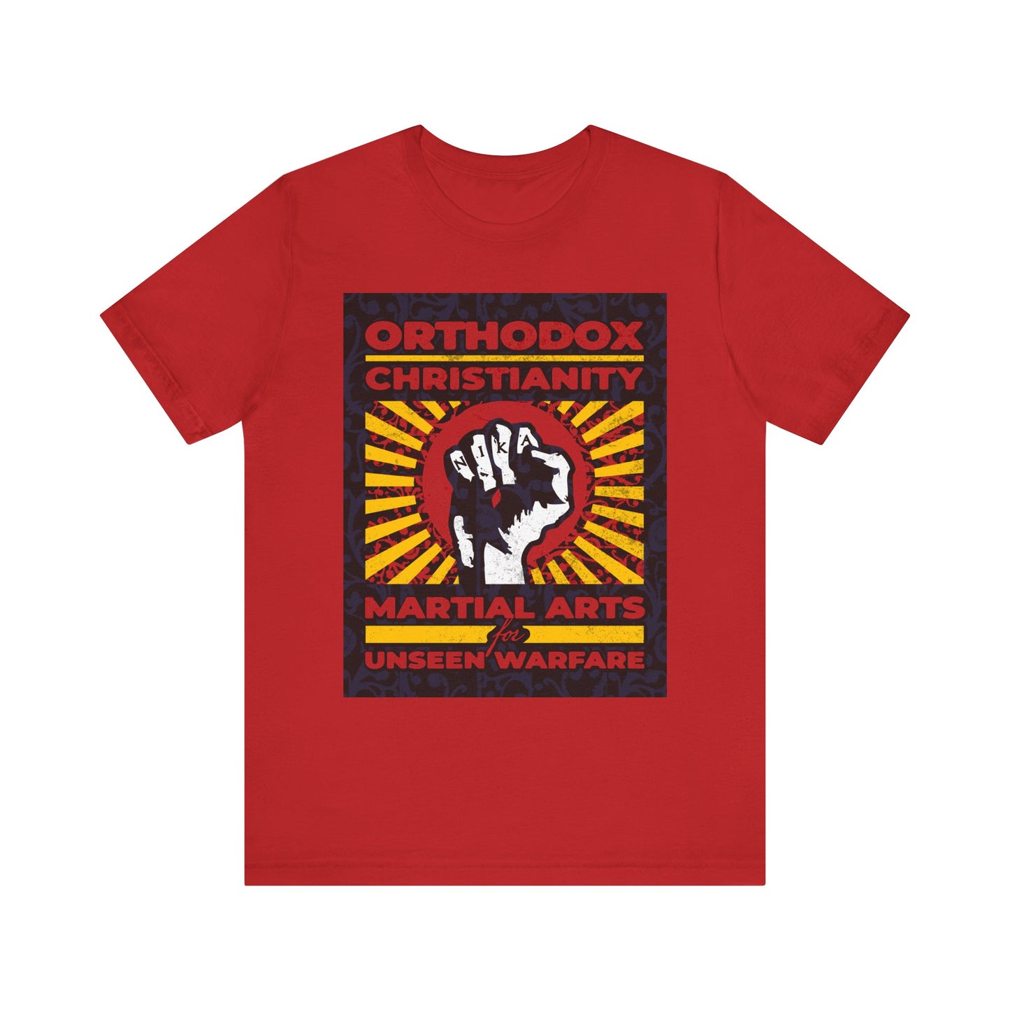 Red "Orthodox Christianity: Martial Arts for Unseen Warfare" unisex tee featuring a NIKA Jesus fist on a colorful sunburst design. Inspired by Archbishop Averky, this lightweight cotton shirt represents the spiritual struggle and pursuit of Christian virtue, with text: Orthodox Christianity, Martial Arts, Unseen Warfare.