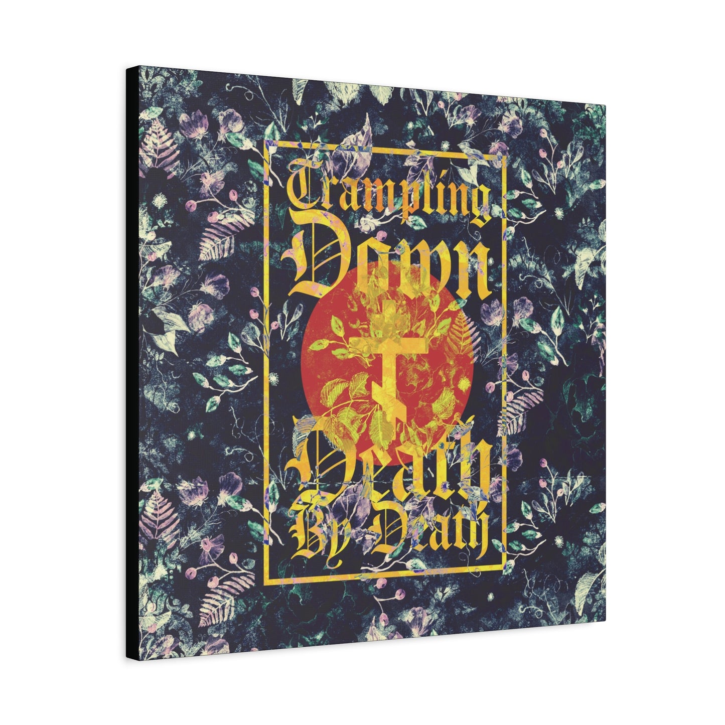 Trampling Down Death By Death | Paschal Floral Design with Gothic Script and Three-Bar Cross | Orthodox Christian Canvas Art
