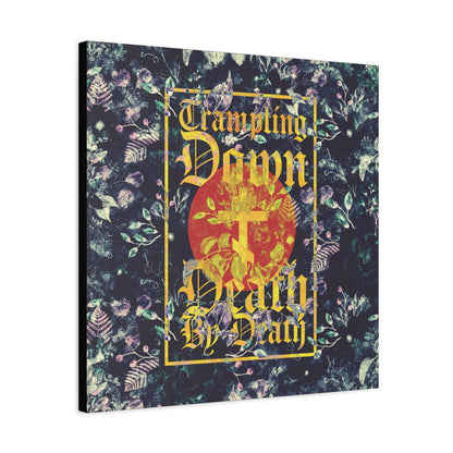 Trampling Down Death By Death | Paschal Floral Design with Gothic Script and Three-Bar Cross | Orthodox Christian Canvas Art