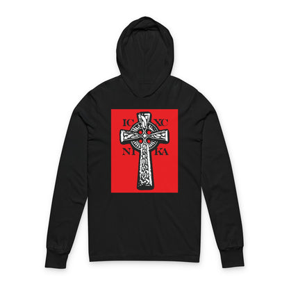 Black hoodie featuring a red square with a black and white ICXC NIKA Celtic Knotwork Cross, symbolizing Jesus Christ conquers. Traditional Orthodox Christian design.