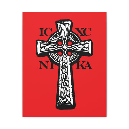 The ICXC NIKA Celtic Knotwork Cross features black and white design on a red background with Greek letters, symbolizing Jesus Christ conquers, and is a traditional Orthodox Christian wall art.