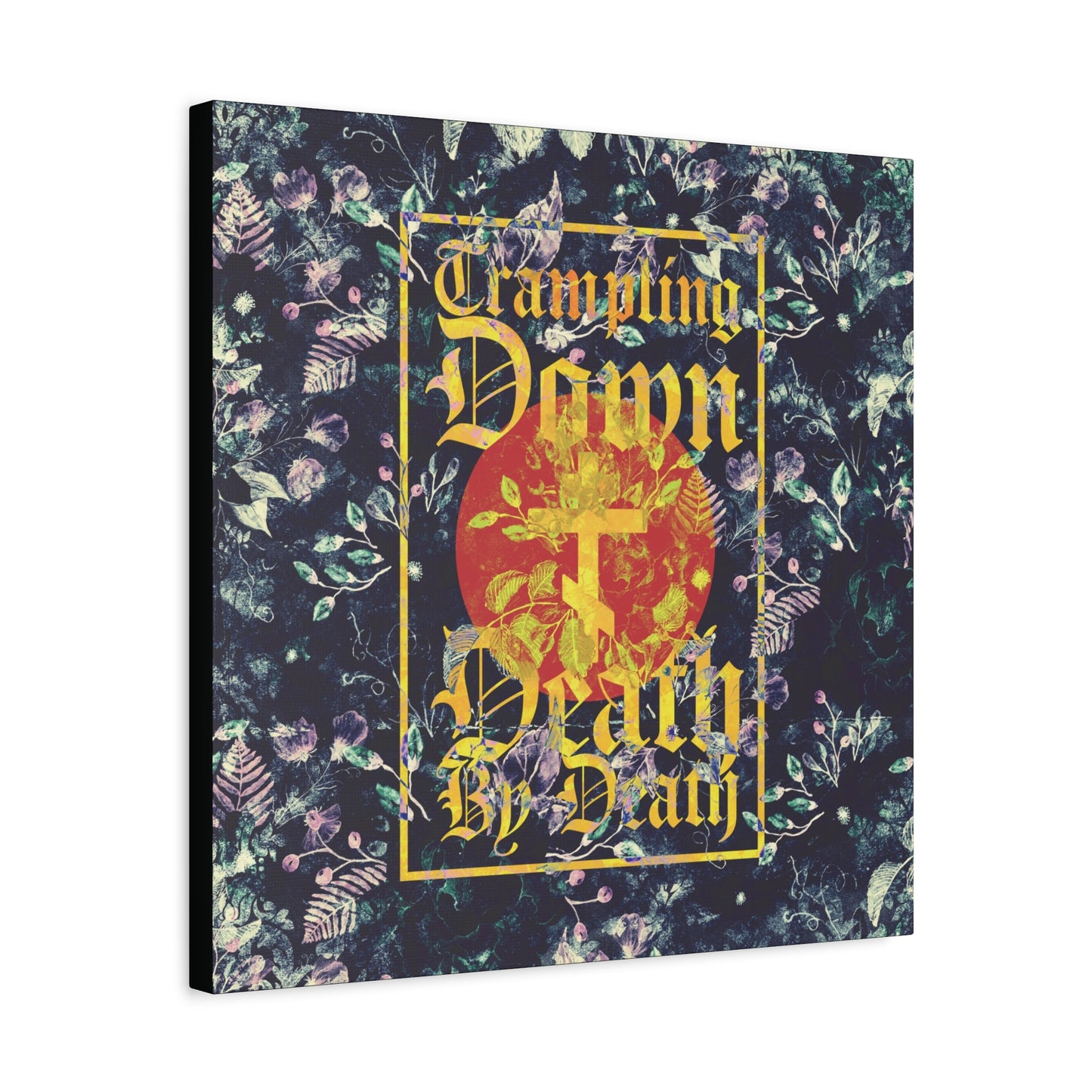 Trampling Down Death By Death | Paschal Floral Design with Gothic Script and Three-Bar Cross | Orthodox Christian Canvas Art