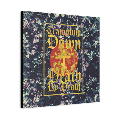 Trampling Down Death By Death | Paschal Floral Design with Gothic Script and Three-Bar Cross | Orthodox Christian Canvas Art