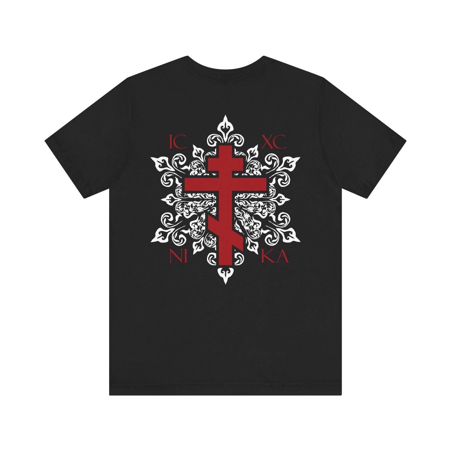 Black lightweight cotton unisex T-shirt featuring a red Orthodox ICXC NIKA cross on the front left chest, intricate white medieval floral designs, and Greek letters with a bold red cross on the back—available as a custom order for a personalized touch.