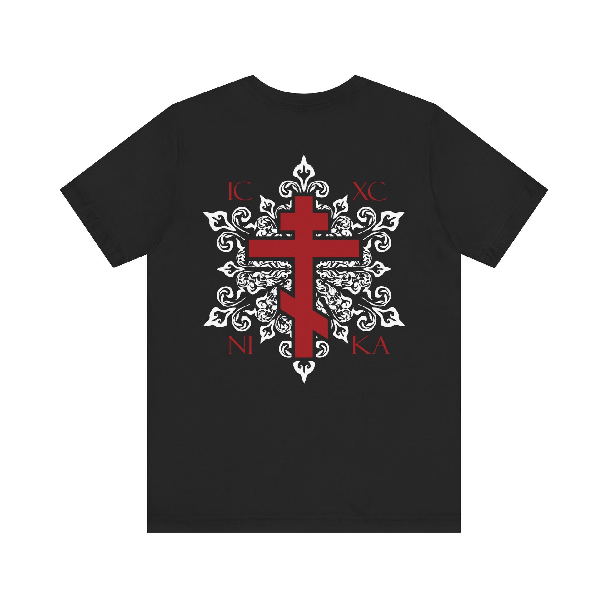 Black lightweight cotton unisex T-shirt featuring a red Orthodox ICXC NIKA cross on the front left chest, intricate white medieval floral designs, and Greek letters with a bold red cross on the back—available as a custom order for a personalized touch.