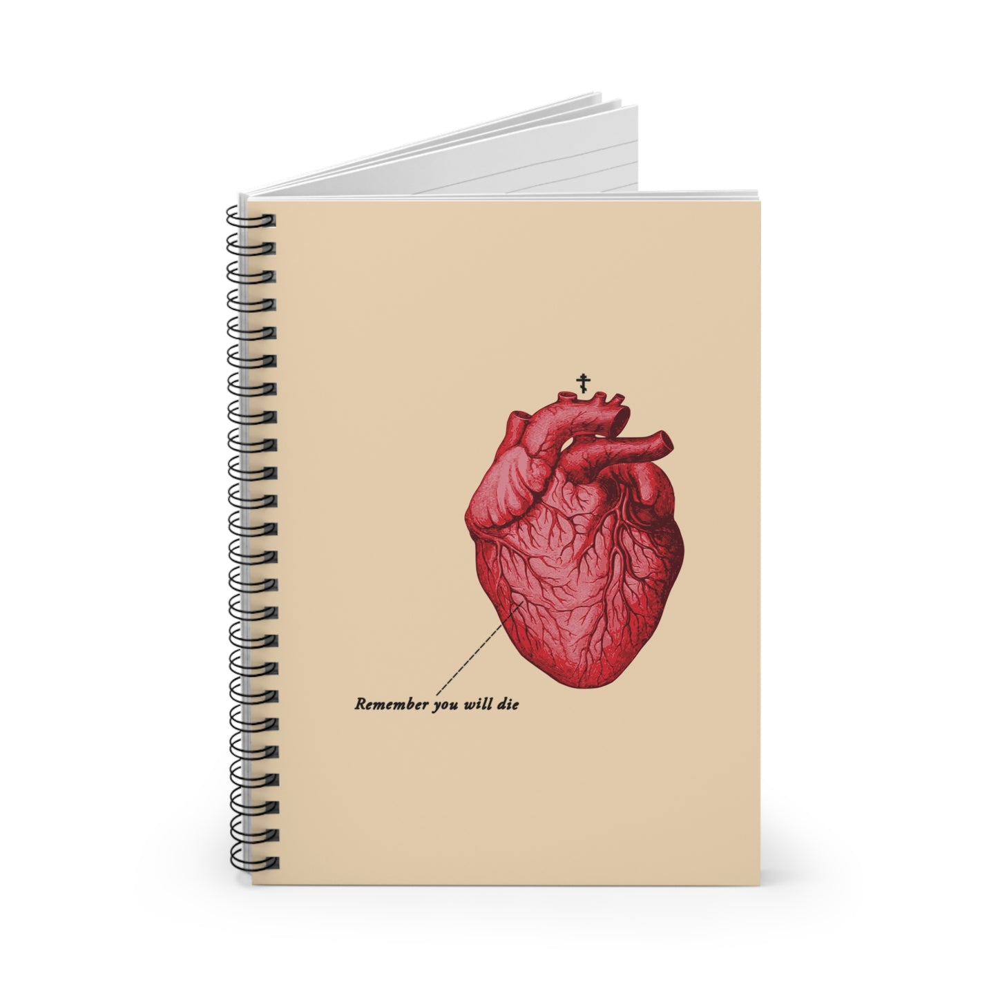 Spiral-bound notebook with retro medical heart design, Orthodox cross, and "Remember You Will Die" on the cover—a memento mori reminder that it's later than you think.