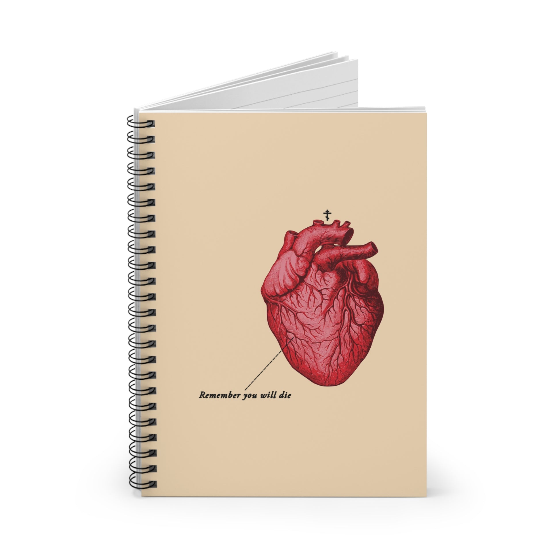 Spiral-bound notebook with retro medical heart design, Orthodox cross, and "Remember You Will Die" on the cover—a memento mori reminder that it's later than you think.