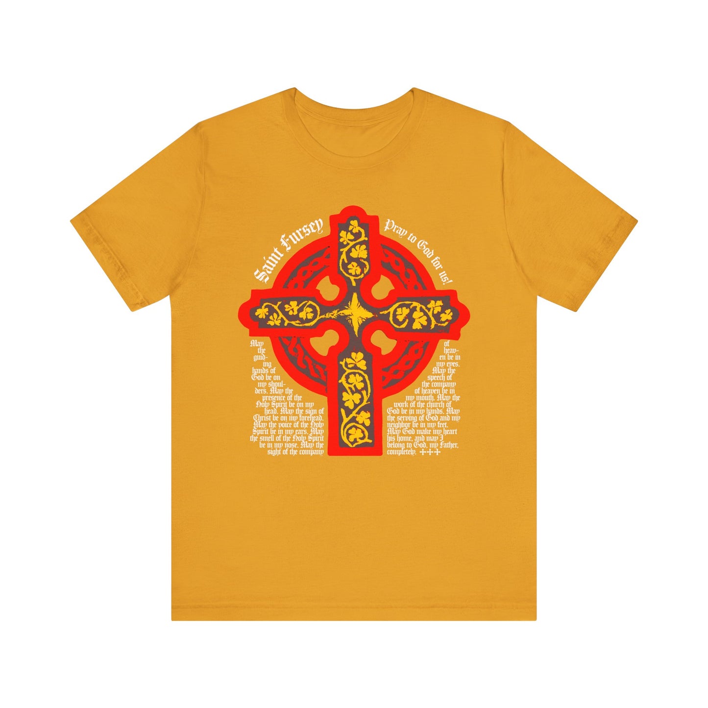 Mustard Lorica Shield Prayer of St Fursey tee with red & yellow Celtic cross and intricate white and red text inspired by the Ancient Celtic Church. Lightweight unisex cotton, Irish Orthodox Western Rite Christian design.