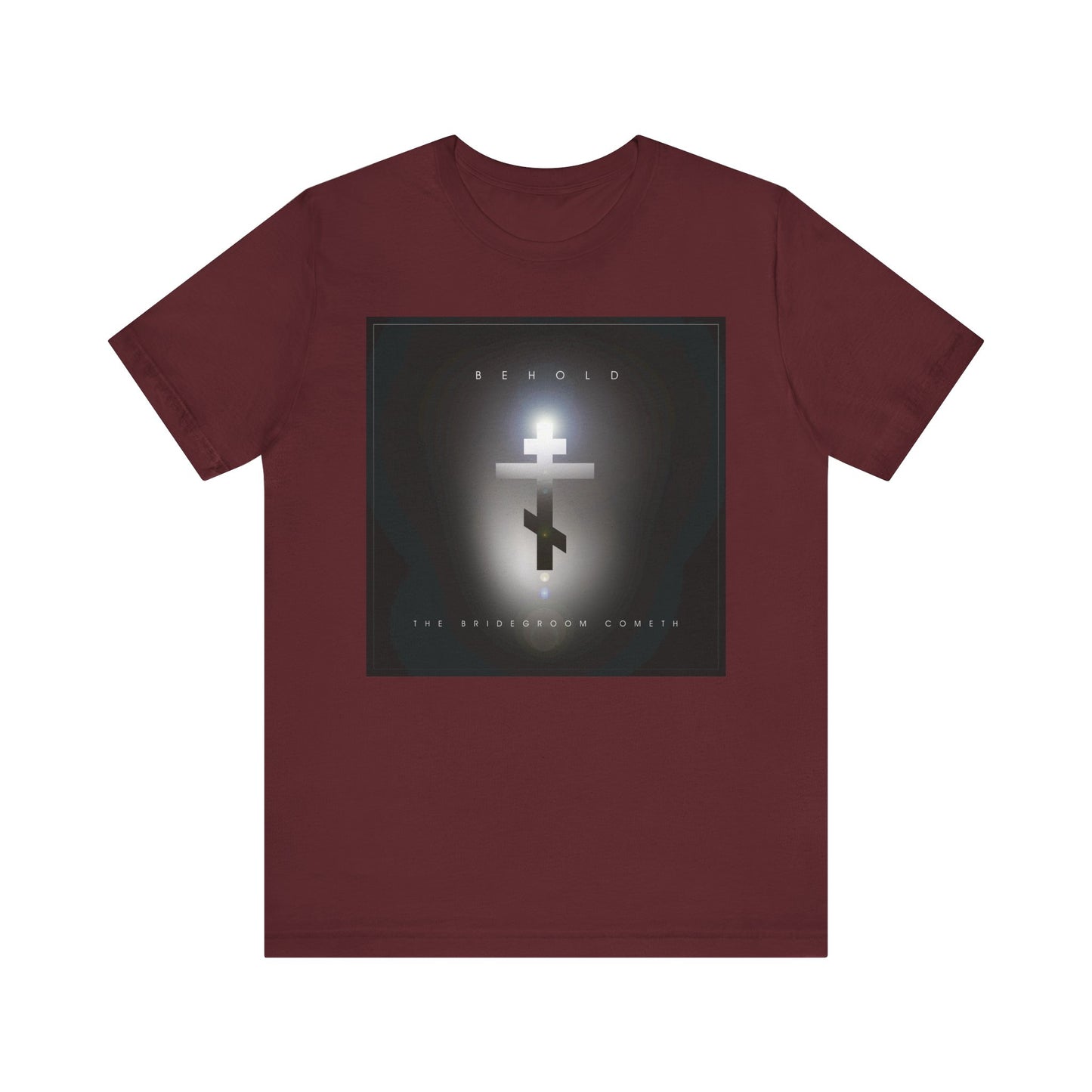 Maroon “Behold the Bridegroom Minimalist Cinematic Lens Flare” Orthodox Christian t-shirt featuring a glowing cross and text on lightweight cotton. Unisex design inspired by themes of expectation before judgment day.