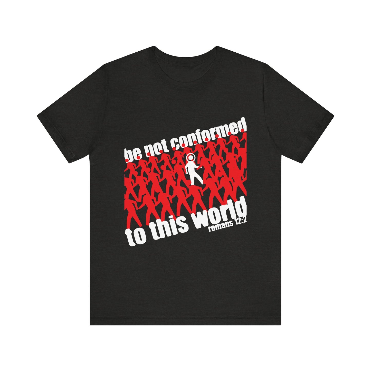 Black Heather "Be Not Conformed to This World (Romans 12:2)" Orthodox Christian tee with red and one white figure, plus Romans 12:2 text—reminding you to renew your mind and reject the modern world. Lightweight cotton unisex fit.