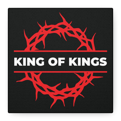 The "King of Kings Crown of Thorns" canvas art features a red crown of thorns encircling white KING OF KINGS text on black, inspired by Revelation 19:16—Christ is King, the King of Glory. Bold Christian wall decor.