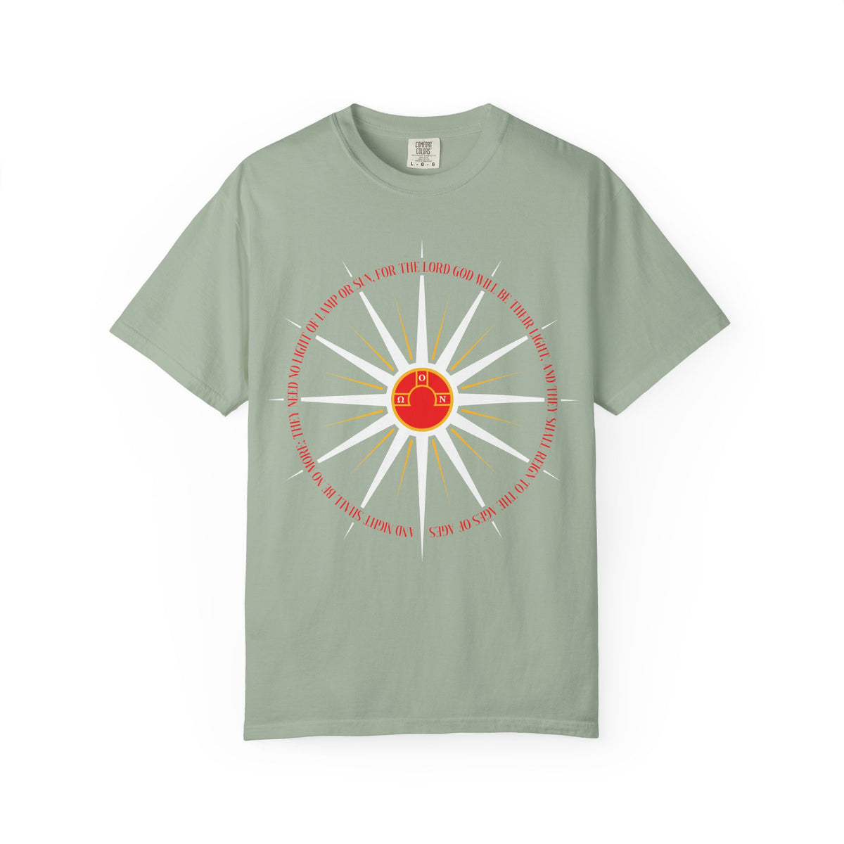 Bay-colored heavyweight cotton t-shirt featuring blazing sun rays radiating from a small red house at the center, encircled by text evoking themes of an imperishable homeland and the hope shared by the sons of God; inspired by “And Night Shall Be No More” (Rev. 22:5), this Orthodox Christian design alludes to the Second Coming and apocalyptic promise.