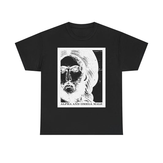 Black Alpha & Omega Male t-shirt featuring a white photonegative Jesus Christ icono-graphic and “I am the Beginning & the End (Rev 22)”—a bold statement of faith and renewal in midweight cotton.