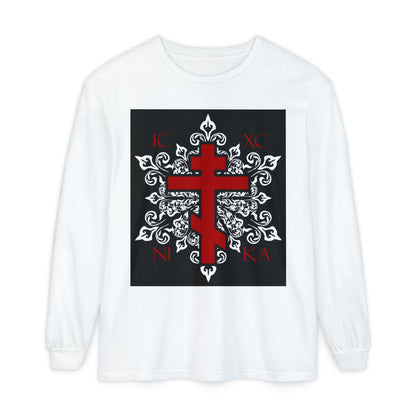 ICXC / NIKA Red Orthodox Cross on Ornate White Medieval Floral Design | Exclusive Best-Selling | Orthodox Christian Long Sleeve Shirt