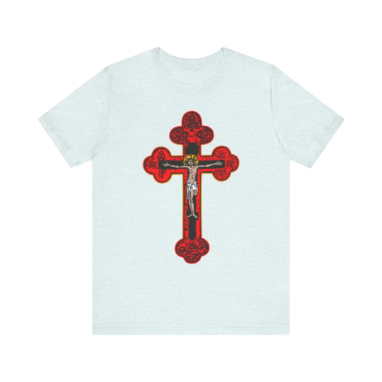 Heather Ice Blue unisex cotton tee featuring a large, ornate red Byzantine Golgotha Cross with a central depiction of Jesus, inspired by Isaiah 53:3-5—an Orthodox Christian testament to faith in the Son of God and adorned with Alpha & Omega symbols and "I Am Crucified With Christ" messaging.