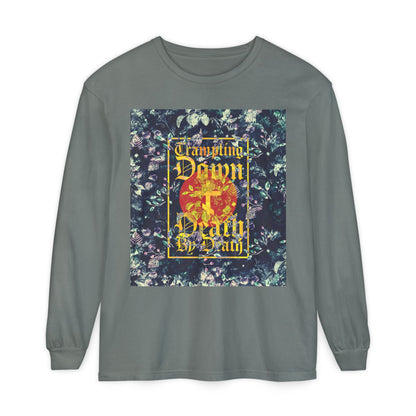 Trampling Down Death By Death | Paschal Floral Design with Gothic Script and Three-Bar Cross | Orthodox Christian Long Sleeve Shirt