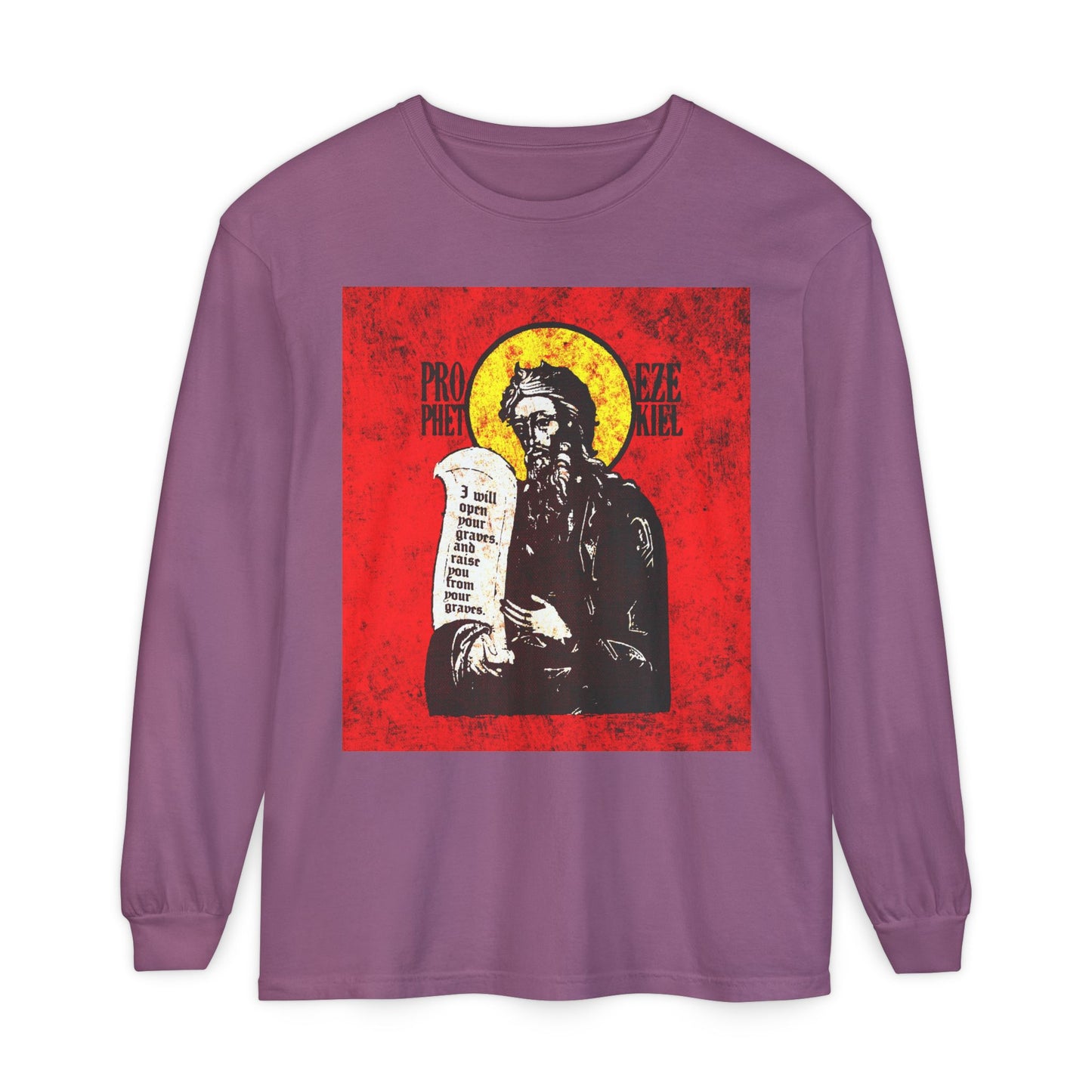 Prophet Ezekiel IconoGraphic | Textured, High Contrast Bright Red and Yellow Design | Old Testament | Orthodox Christian Long Sleeve Shirt
