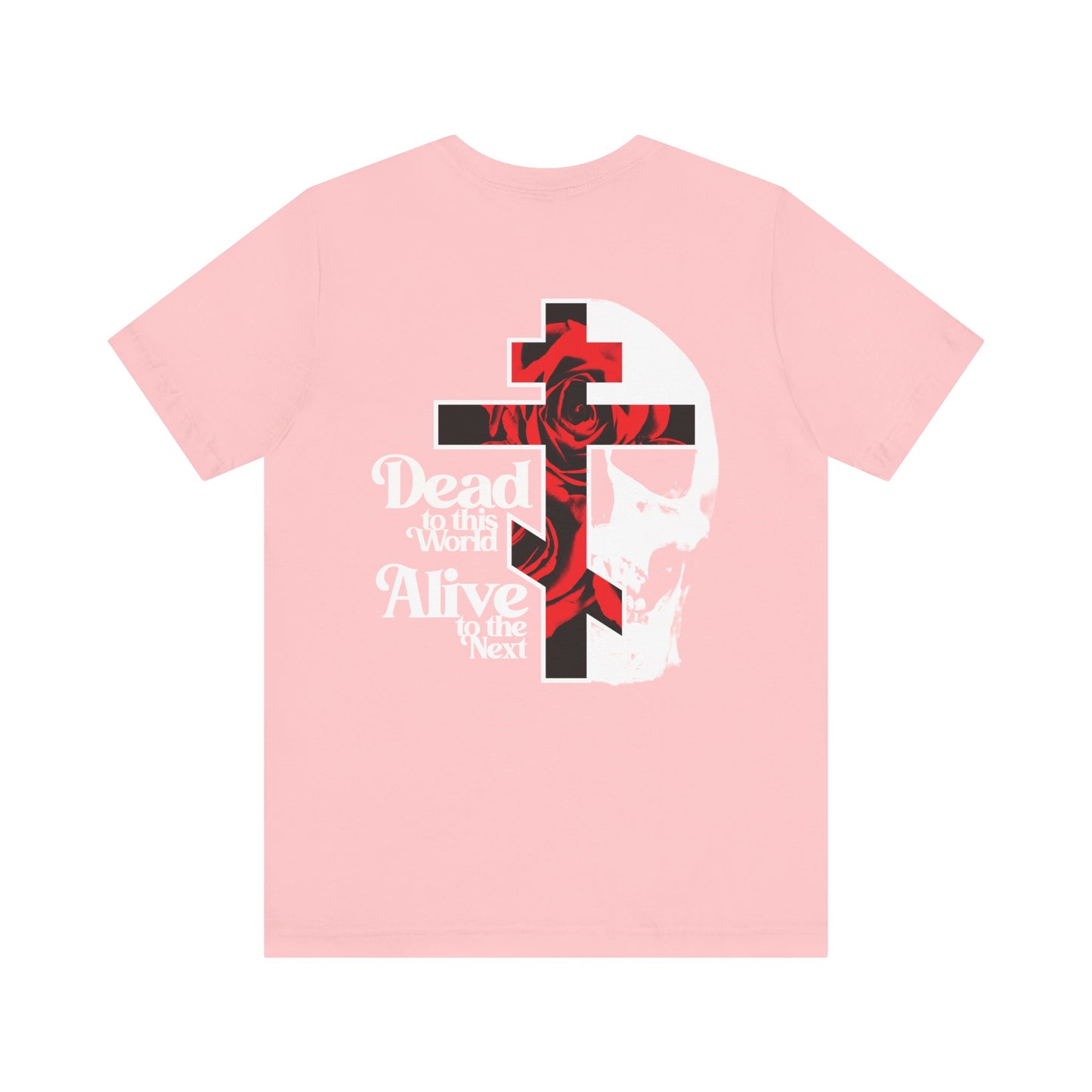 BACK PRINT 2-Sided “Dead to this World” lightweight cotton unisex tee features a Christian Goth flower cross & skull with red roses, inspired by the Ladder of Divine Ascent and renunciation of the world; branded front.