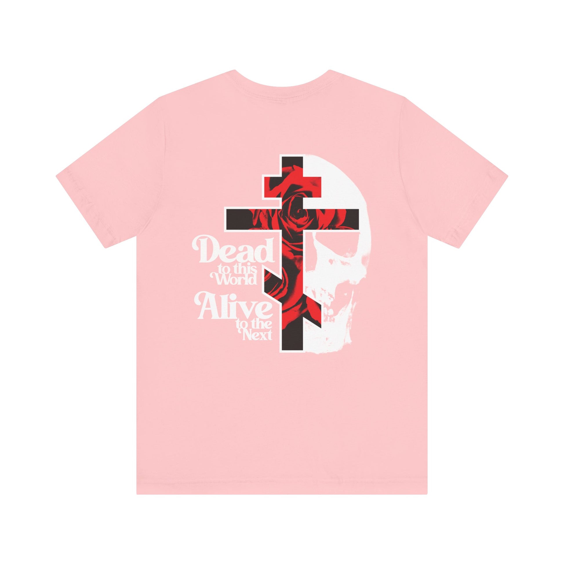 BACK PRINT 2-Sided “Dead to this World” lightweight cotton unisex tee features a Christian Goth flower cross & skull with red roses, inspired by the Ladder of Divine Ascent and renunciation of the world; branded front.