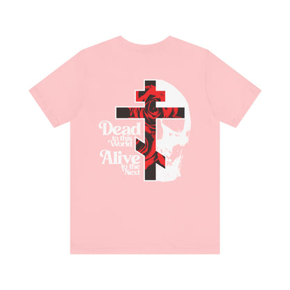 BACK PRINT 2-Sided “Dead to this World” lightweight cotton unisex tee features a Christian Goth flower cross & skull with red roses, inspired by the Ladder of Divine Ascent and renunciation of the world; branded front.
