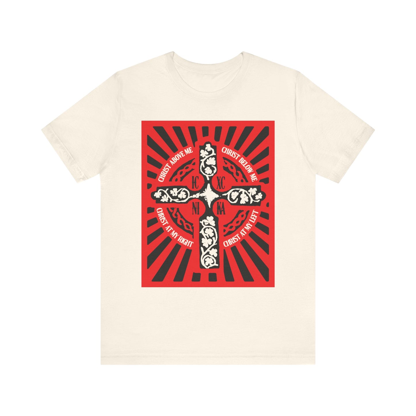 Natural-colored "Red ICXC NIKA Enniskillen Celtic Cross" lightweight cotton unisex tee featuring a striking red and black cross design with religious text inspired by the Lorica of St. Patrick, an esteemed Orthodox Christian shield prayer and Celtic blessing.