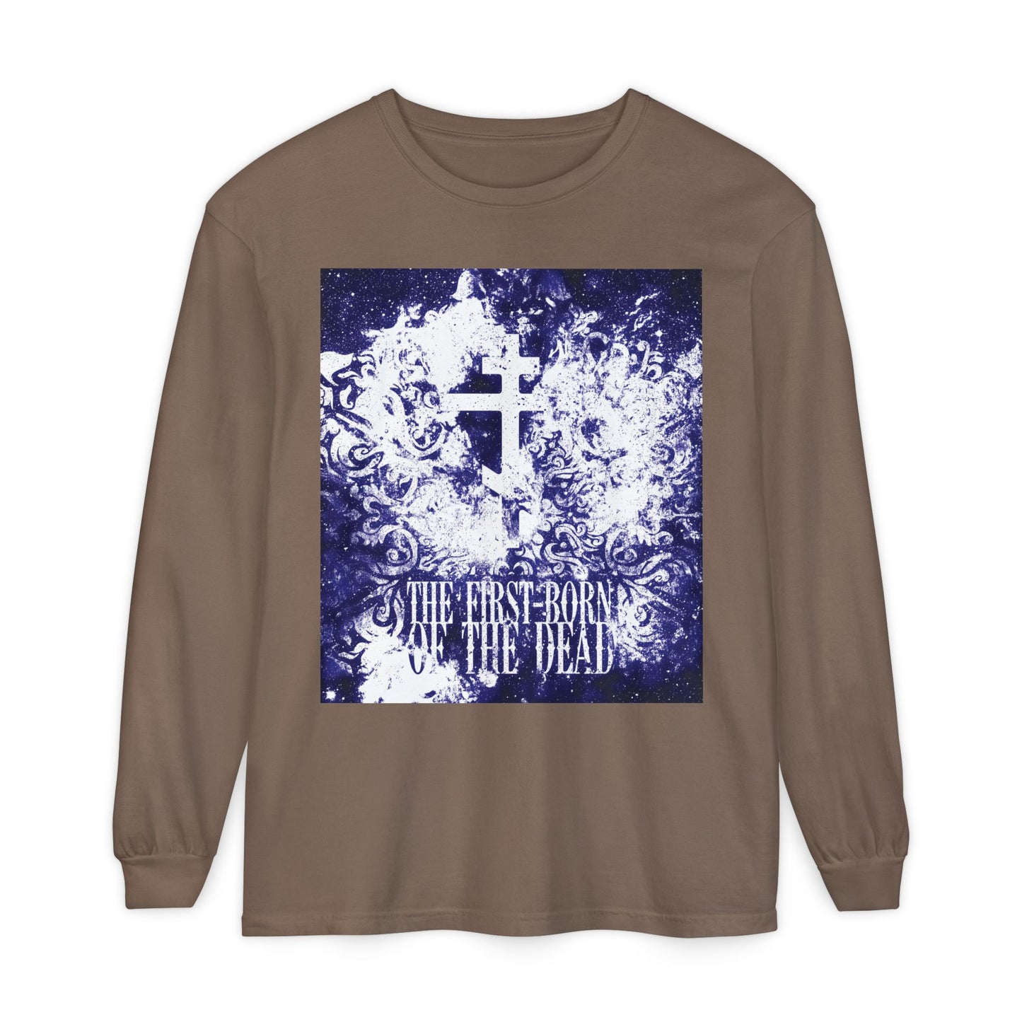 Espresso long-sleeve cotton shirt featuring a glowing white and blue cosmic Orthodox cross and textured "The First-Born of the Dead" design, inspired by Resurrection & Apocalypse.