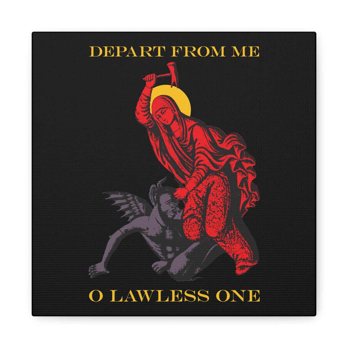 St Marina IconoGraphic (Depart from Me O Lawless One) | Saint Beating the Devil with a Hammer | Orthodox Christian Canvas Art