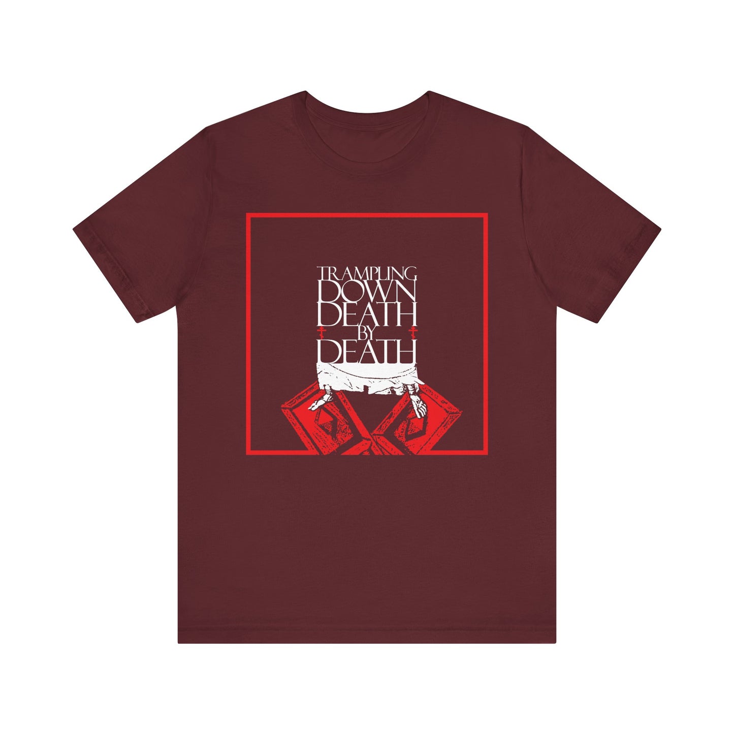 Maroon t-shirt featuring "Trampling Down Death By Death" with iconographic Jesus feet on the Gates of Hades, inspired by Pascha and resurrection. Orthodox lightweight cotton unisex tee.