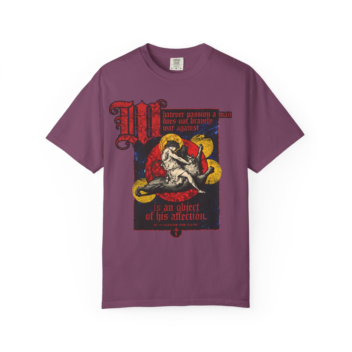 Berry t-shirt featuring Gustav Dore's "Samson Slaying Lion" graphic, symbolizing spiritual struggle, with a vintage red and yellow quote: "Whatever Passion a Man Does Not Bravely War Against" by St Macarius.