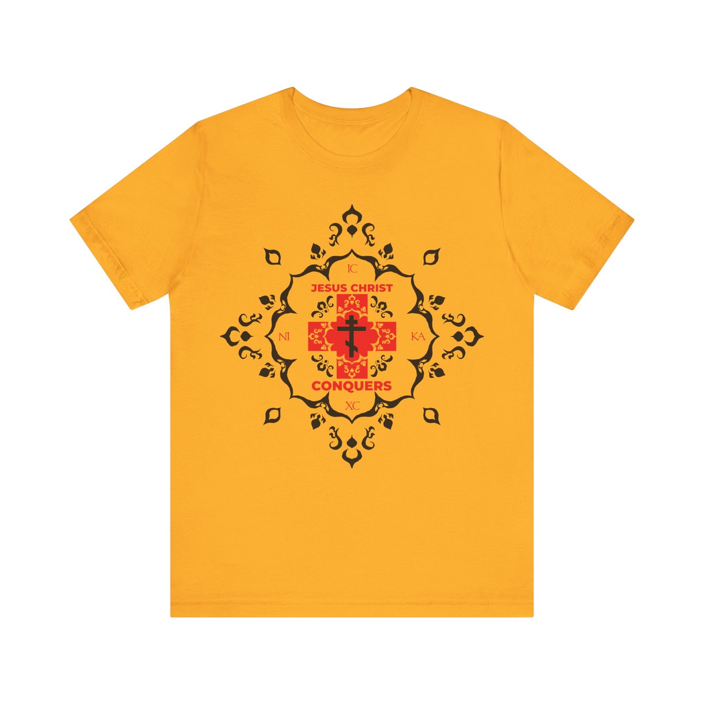 Gold cotton t-shirt with a white Orthodox cross, red modern "ICXC NIKA" font, and medieval filigree—symbolizing “Jesus Christ Conquers” in St. John Chrysostom’s tradition. Christian apparel celebrating faith and victory over sin.