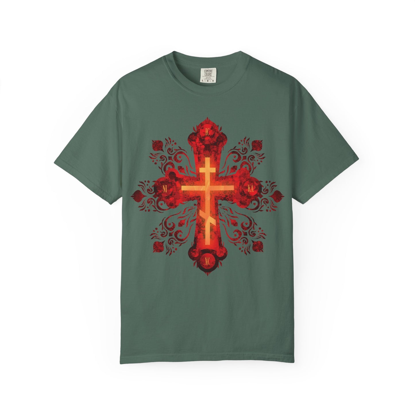 Blue Spruce heavyweight cotton unisex tee featuring a bold red and gold Russian-style Orthodox cross with ornate floral designs, inspired by the spirit of a Christian warrior’s journey towards a heavenly homeland. Embellished with “He was pierced for our transgressions.”.