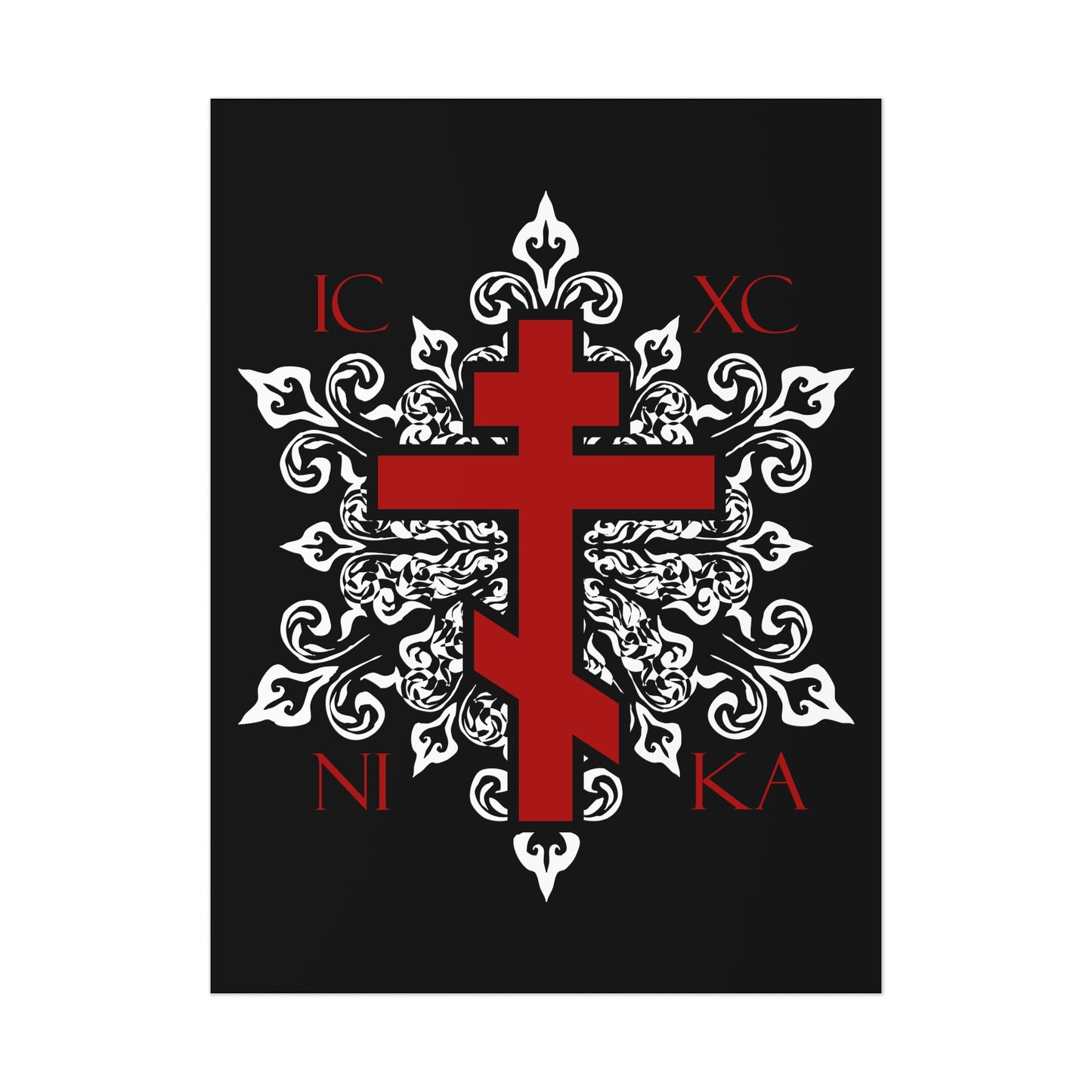 ICXC / NIKA Red Orthodox Cross on Ornate White Medieval Floral Design | Exclusive Best-Selling | Orthodox Christian Art Poster