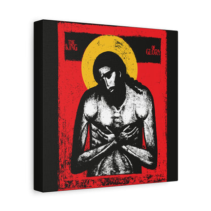 The King of Glory Jesus Christ "Extreme Humility" IconoGraphic features a stylized Christ with a yellow halo on a red background, "The King of Glory" text above, inspired by Isaiah 53. Christian devotional wall art in red, yellow, white, and black.