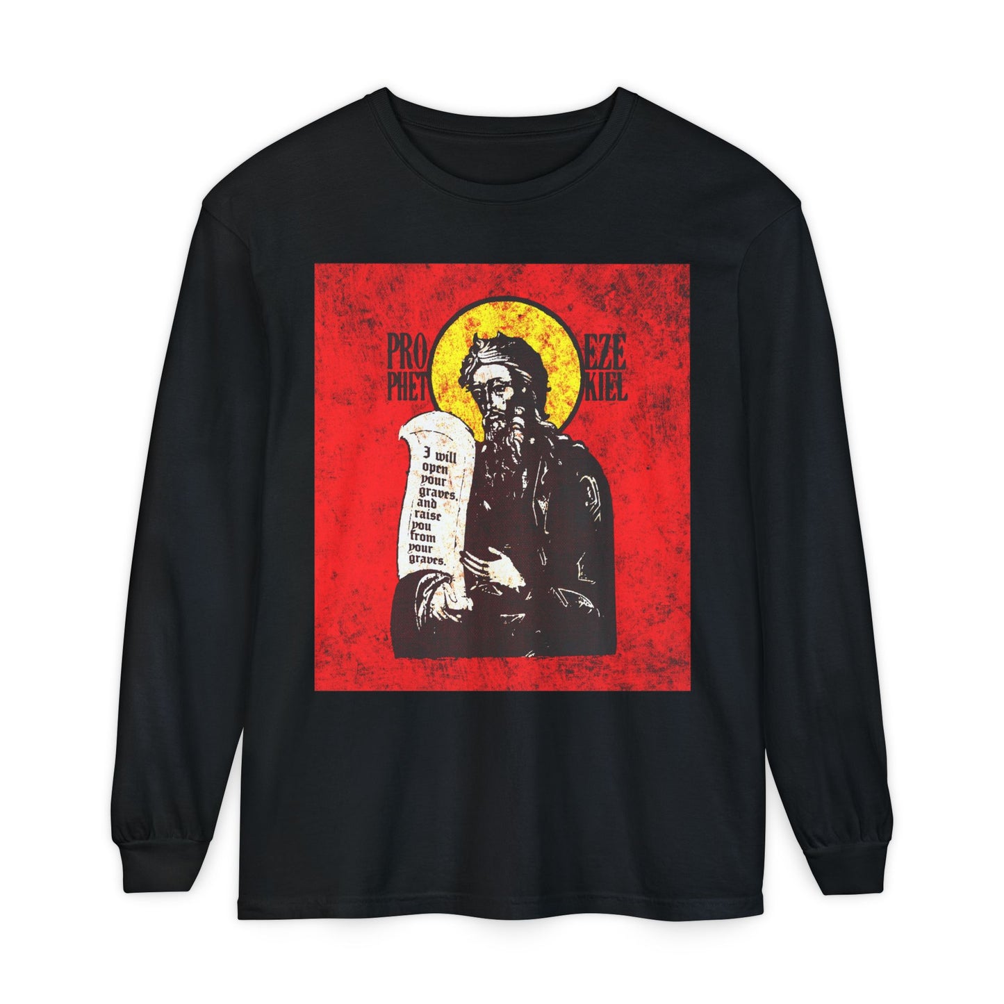Prophet Ezekiel IconoGraphic | Textured, High Contrast Bright Red and Yellow Design | Old Testament | Orthodox Christian Long Sleeve Shirt