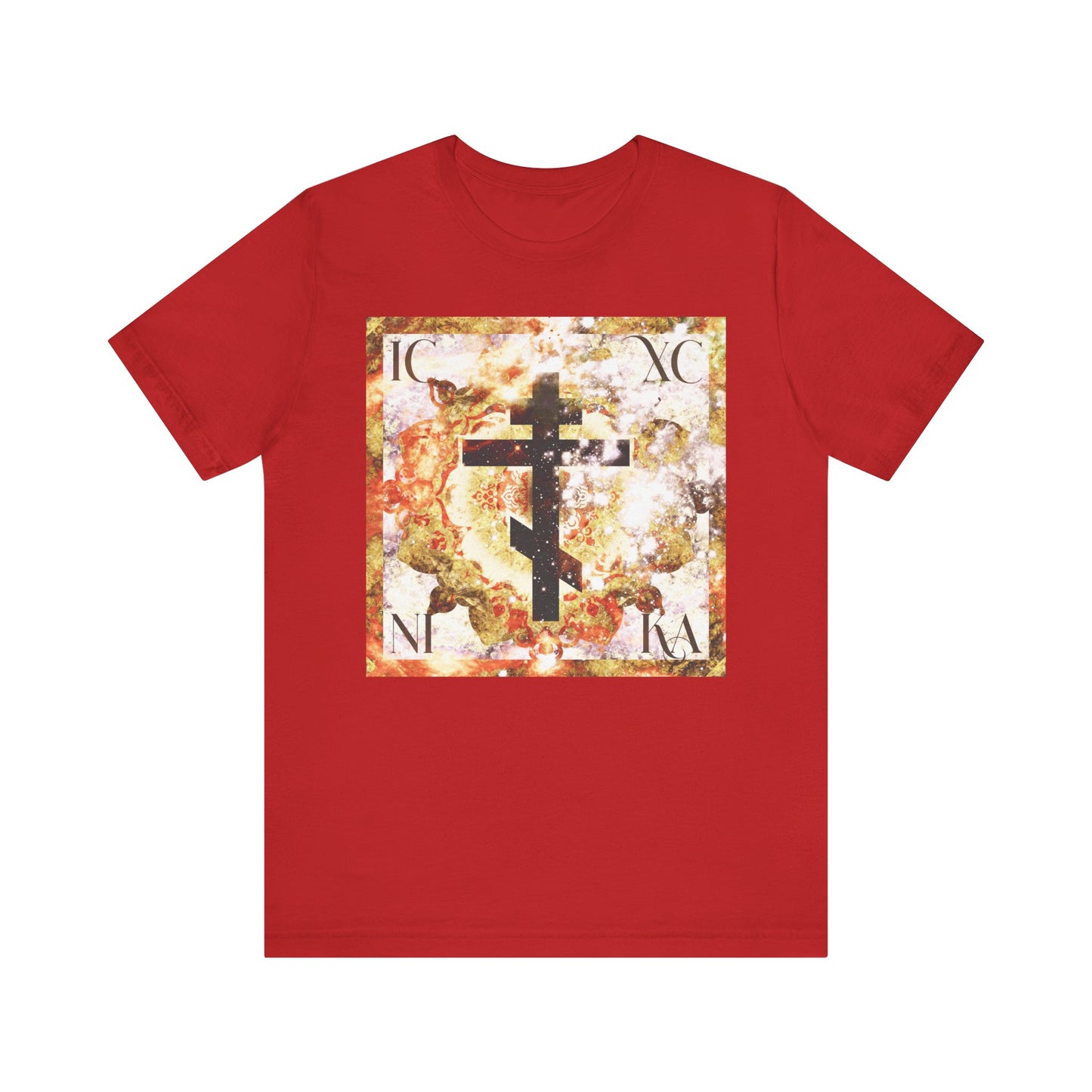 Red "ICXC NIKA Beige & Brown Textured Glowing Cosmic Art Cross" T-shirt: features a black Orthodox cross with glowing cosmic accents and faded letters in each corner, symbolizing the mysterious union of the divine and human in Christ’s Incarnation. Crafted from lightweight, unisex cotton for comfort and style.