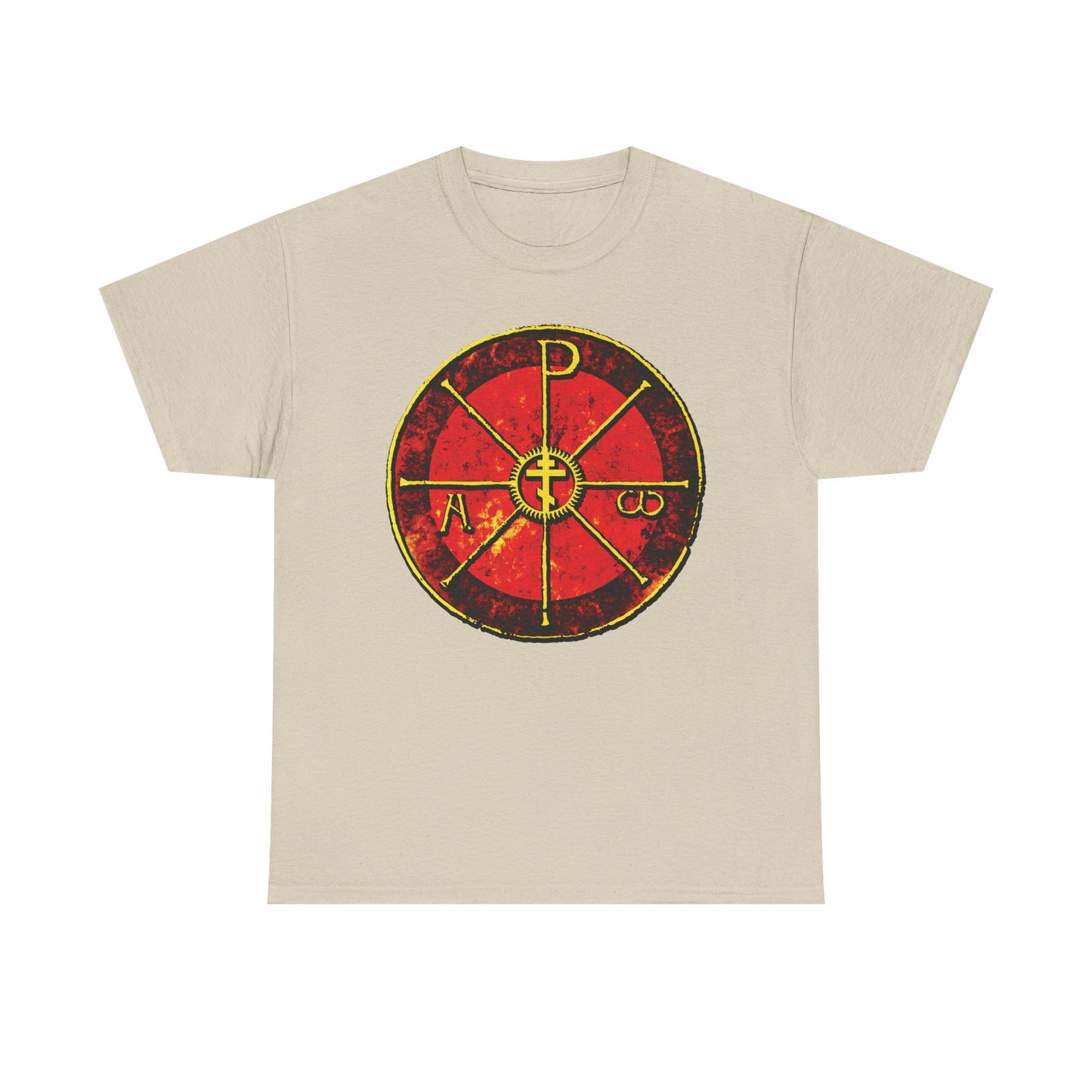 Sand t-shirt featuring the Alpha & Omega Chi Rho Orthodox Cross—an ancient Christogram with Greek letters and a weathered design inspired by "In This Sign Ye Shall Conquer." Christian midweight cotton tee.