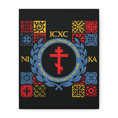 Let All Adverse Powers Be Crushed (Red, Yellow & Blue Design) | ICXC NIKA | Medieval Tile Design | Orthodox Christian Canvas Art