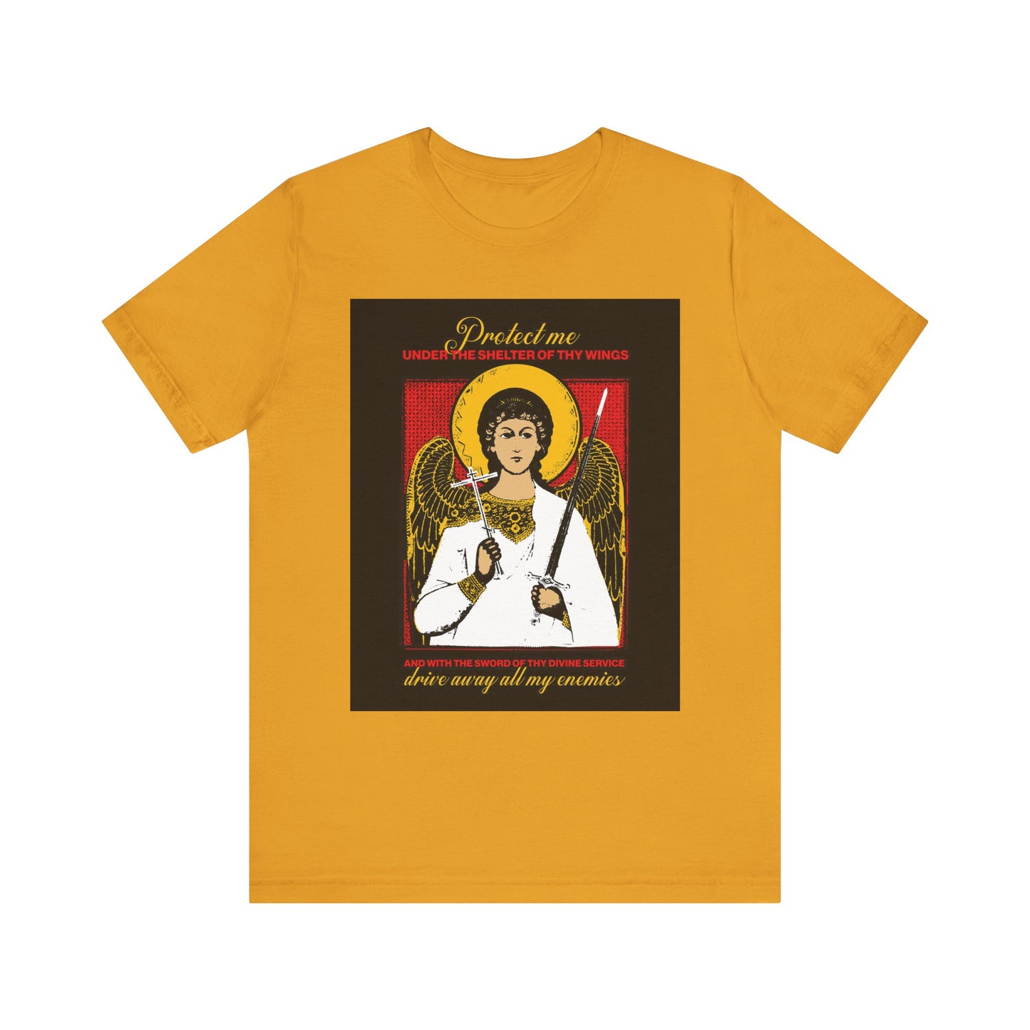 Mustard unisex t-shirt featuring a Holy Guardian Angel holding a sword and cross in icono-graphic style with "Drive Away My Enemies" protection prayer. Lightweight cotton for comfort.