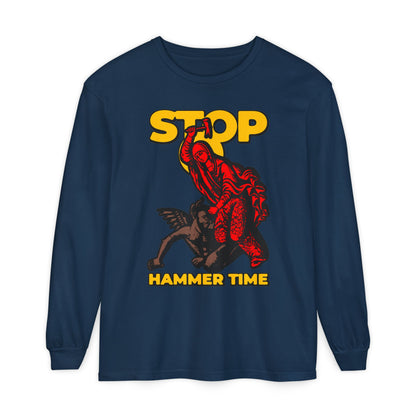 Navy long-sleeve shirt inspired by St Marina of Antioch beating the devil with a hammer; features red, blue, and yellow design with "STOP, HAMMER TIME" text—a modern Orthodox meme.