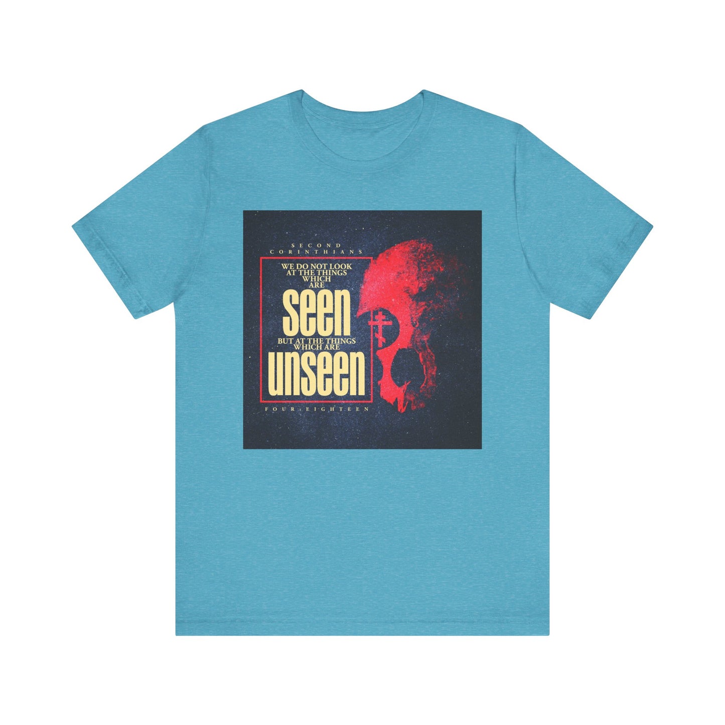 Heather aqua unisex lightweight cotton tee featuring the “We Do Not Look At the Things Which Are Seen (St. Paul)” design, with a textured red skull, Orthodox cross graphic, and message inspired by 2 Corinthians about the inward man and the eternal weight of glory.