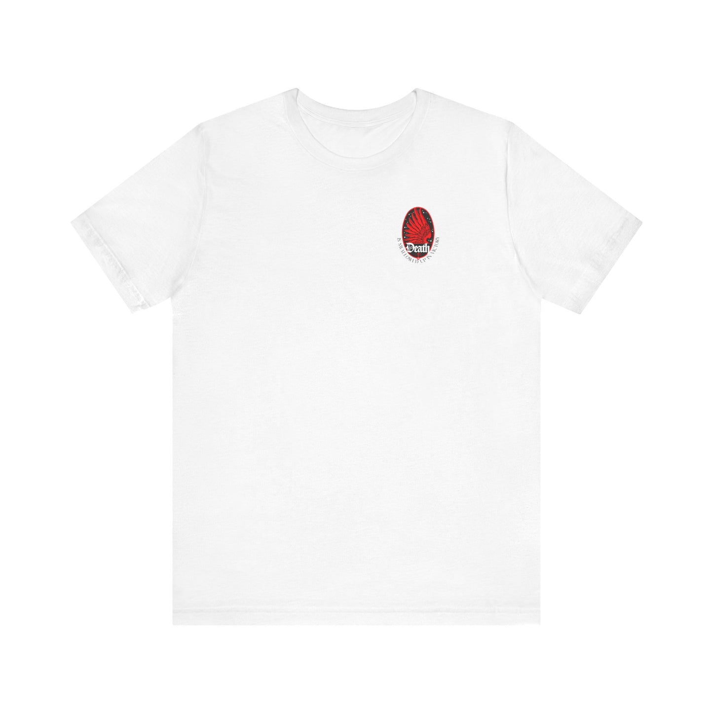 White “Death is Swallowed Up In Victory” (1 Cor 15:54) T-shirt with a small Art Nouveau eagle wing & stars graphic on the left chest; Orthodox unisex lightweight cotton.