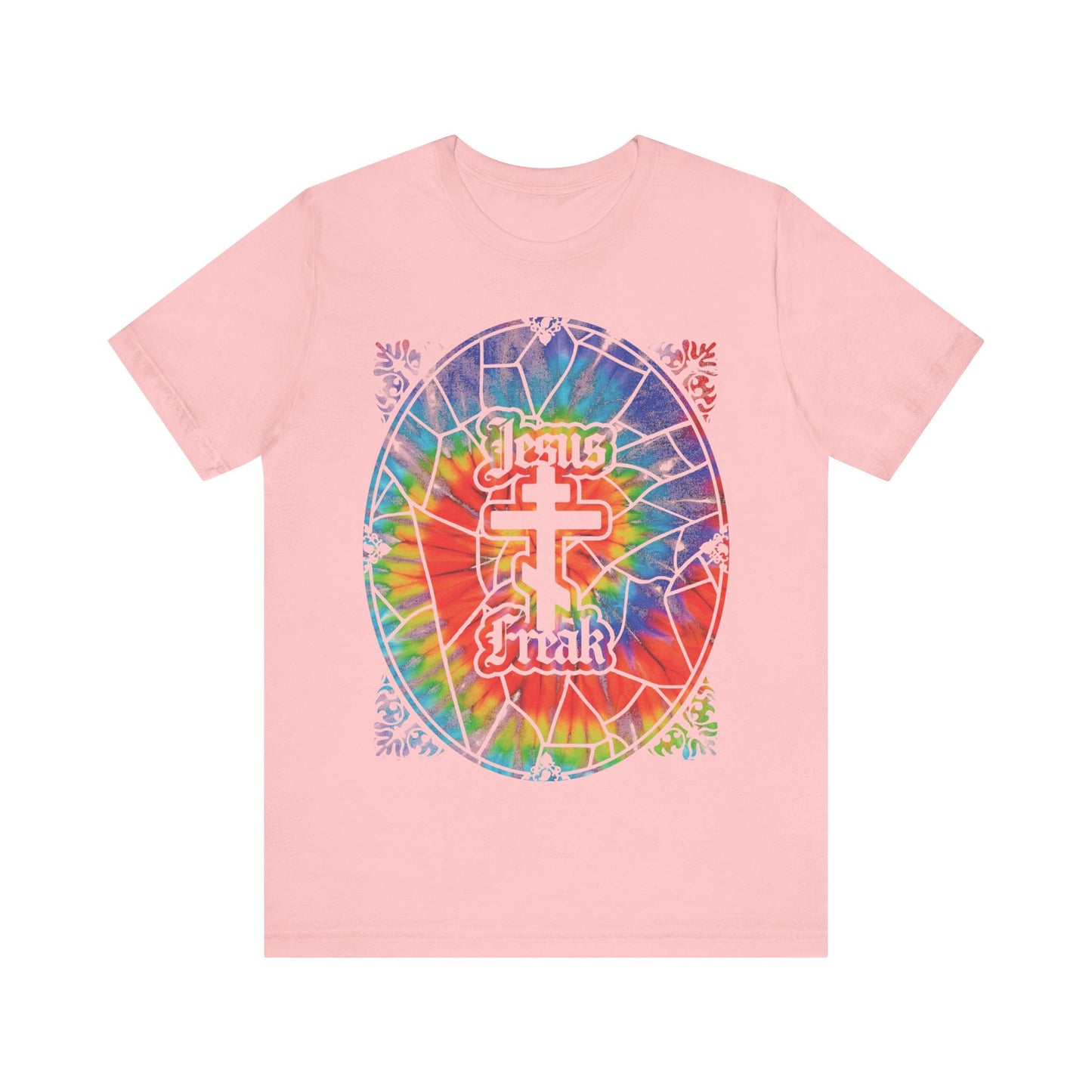 Show your bold faith with this pink unisex tee, featuring a tie-dyed stained glass window design, Orthodox cross, and "Jesus Freak"—inspired by the 70s Jesus Movement hippie style.