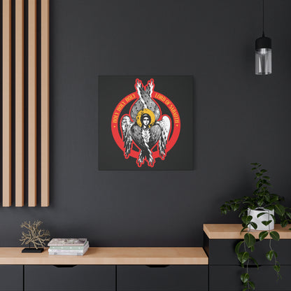 Holy Holy Holy, Lord of Sabaoth | Unseen Realm" Orthodox Seraphim Angel IconoGraphic Christian Wall Art graces a dark wall above a modern sideboard with plants and books, evoking the Isaiah 6 vision of angelic hosts.