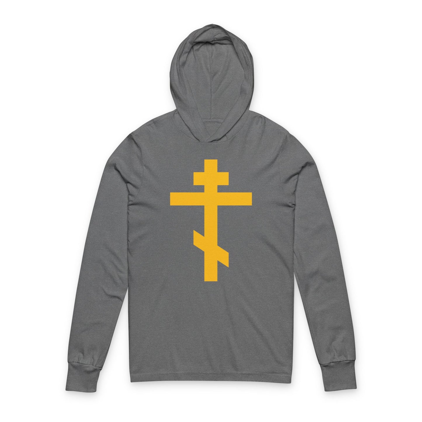 Grey TriBlend cotton hooded shirt featuring a large yellow Orthodox Cross—Precious and Life-Giving Weapon of Unseen Warfare, Scourge of Demons—inspired by Galatians 2:20.
