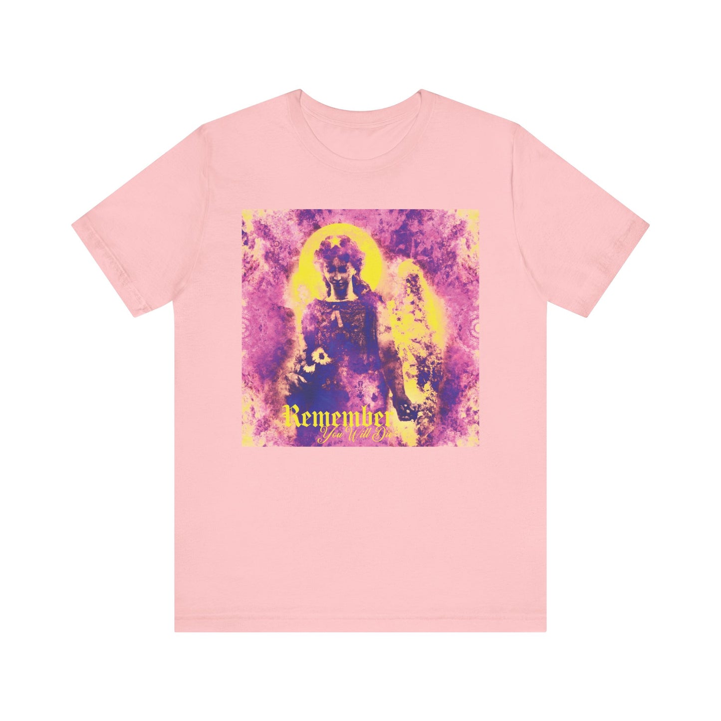 Sure! Here’s your rewritten sentence using the given product data: Pink lightweight cotton t-shirt featuring a pastel goth psychedelic cemetery angel graphic and "Remember You Will Die" text on the front.