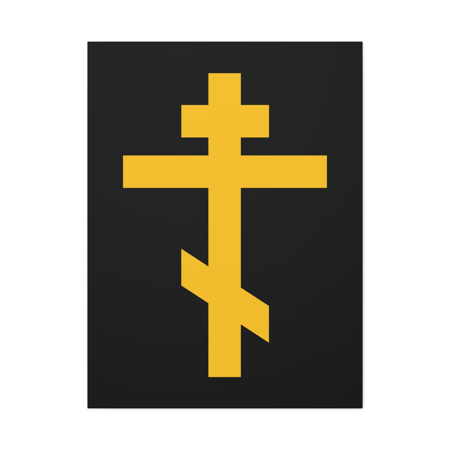 Yellow Orthodox Cross on black, symbolizing Galatians 2:20. "Precious and Life-Giving Weapon of Unseen Warfare | Scourge of Demons." Unique Orthodox Canvas Art.