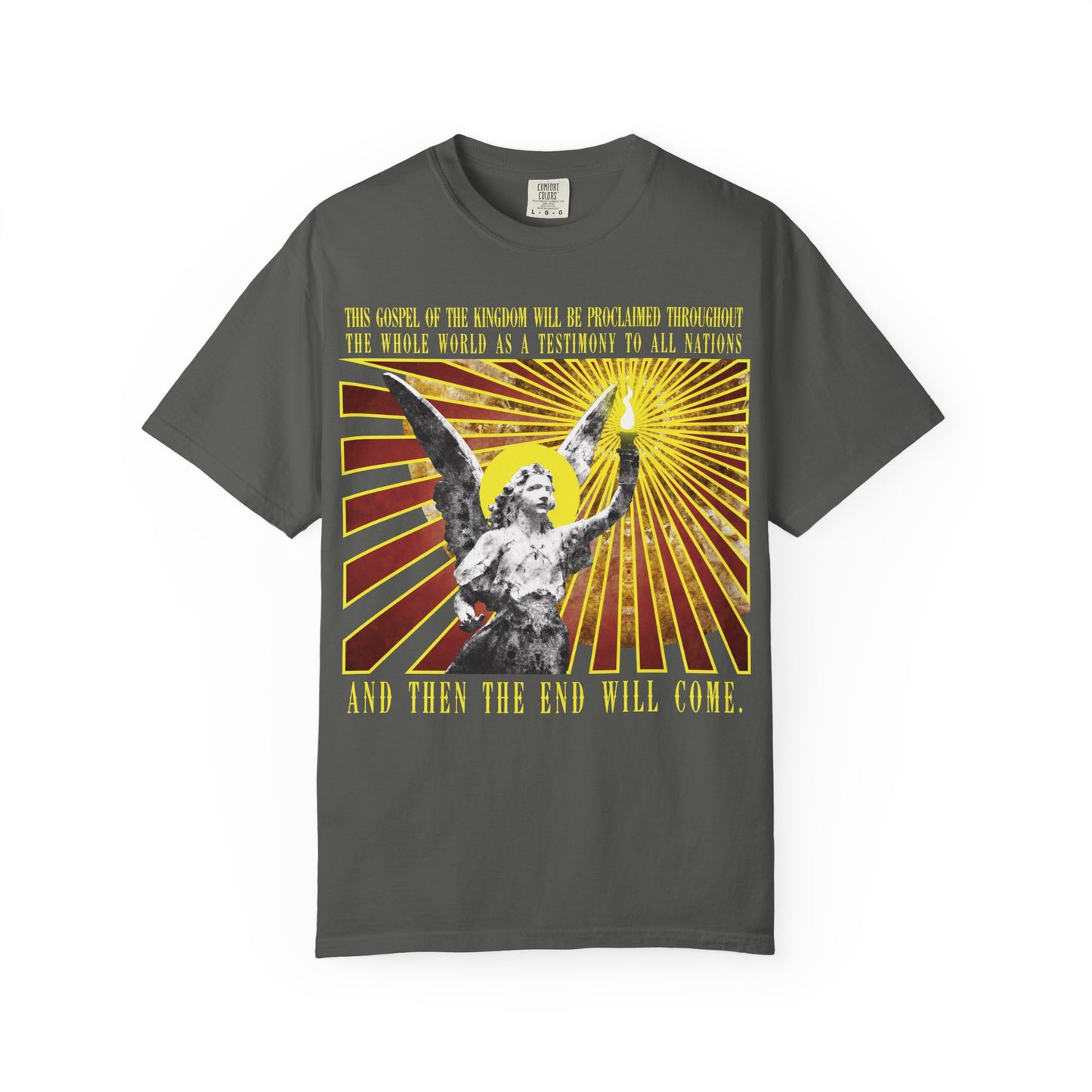 Pepper-colored heavyweight cotton unisex T-shirt titled “And Then the End Will Come (Matthew 24:14),” featuring a cemetery angel holding a lamp emitting rays and bold yellow gospel text about the end times—reminding us to be cautious of false prophets during tribulation.